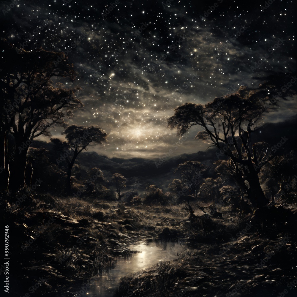 A peaceful forest scene at night, illuminated by the stars and the soft glow of the moon. The river reflects the light, winding through the quiet trees, creating a serene, mystical atmosphere.. AI A peaceful forest scene at night, illuminated by the stars and the soft glow of the moon. The river reflects the light, winding through the quiet trees, creating a serene, mystical atmosphere.. AI
