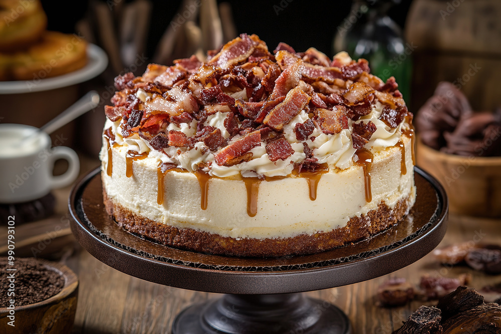 Maple bacon cake decorated with crispy bacon pieces Maple bacon cake decorated with crispy bacon pieces