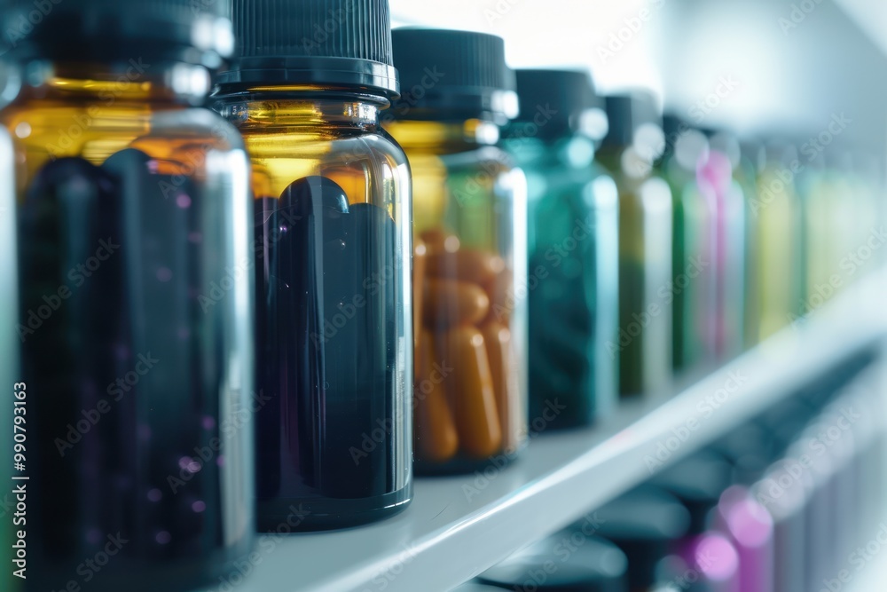 Shelf with various protein extracts in dark bottles.