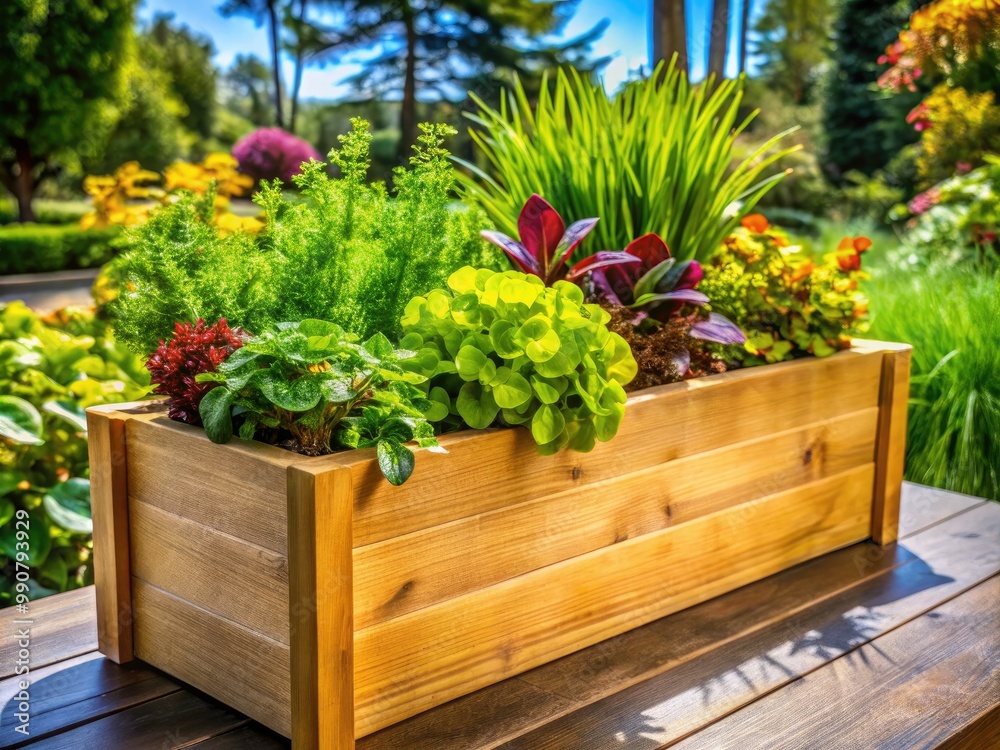 A vibrant garden showcases a rectangular wooden planter filled with fresh green plants basking in the warm sunlight on a beautiful, sunny day. A vibrant garden showcases a rectangular wooden planter filled with fresh green plants basking in the warm sunlight on a beautiful, sunny day.