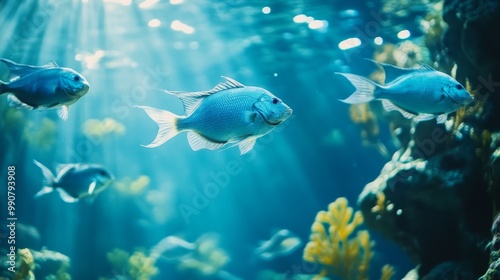 A colorful fish swims in a tank with other fish