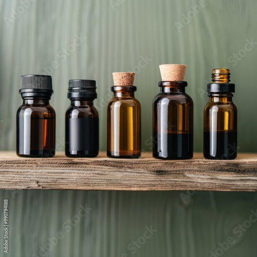 Shelf with various antioxidant extracts in dark bottles.