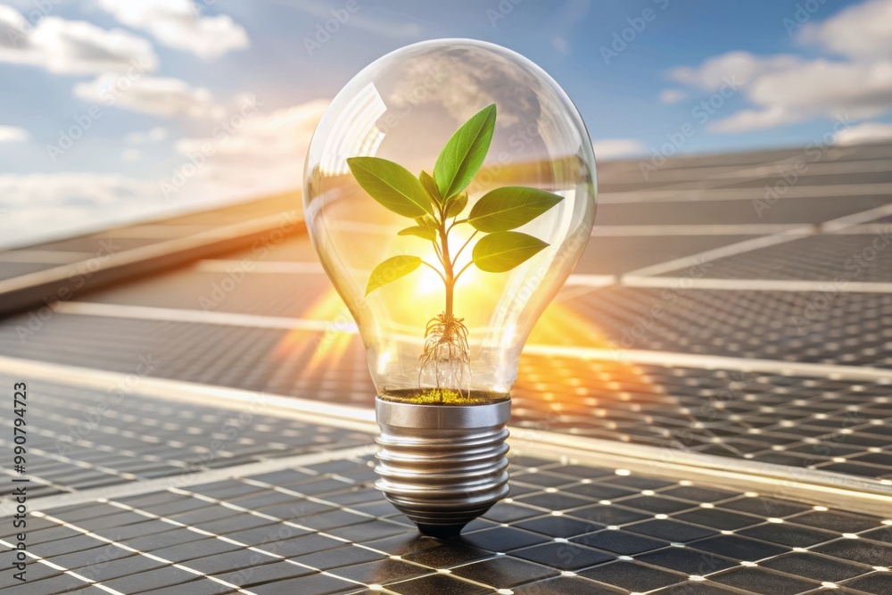 Solar Panel and Light Bulb Under Sunny Sky for Renewable Power Concept ...