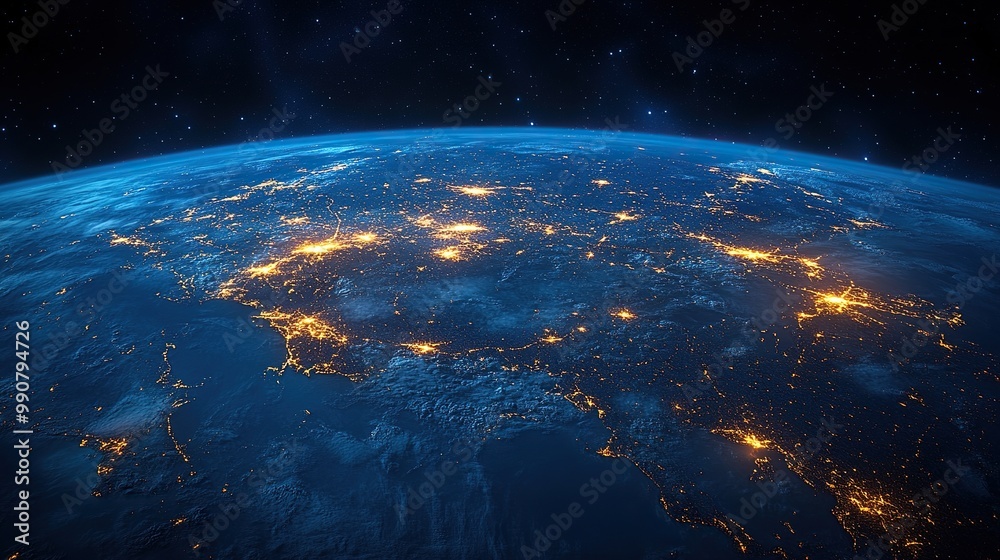 Obraz premium A view of China from space on a realistic model of Earth illustrates the concept of digital connectivity and global technology networks.