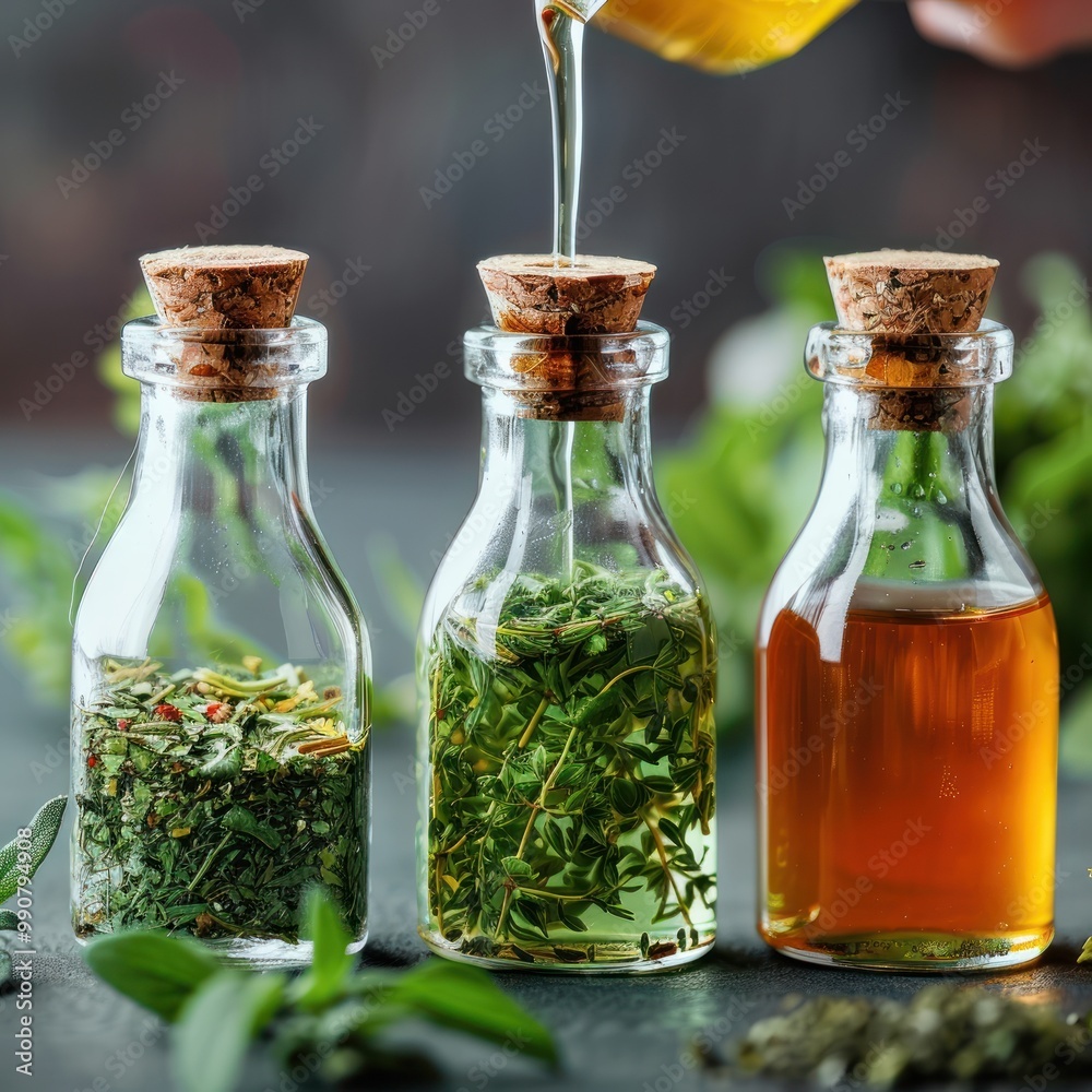 Person straining herbal infusion into a bottle. Person straining herbal infusion into a bottle.