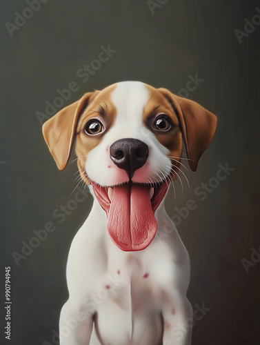 Adorable white and brown puppy with its tongue out, sitting against a dark background, looking playful and cheerful.