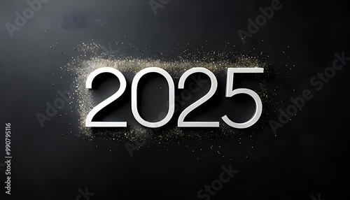 Bold 2025 typography with glitter effect on dark background, New Year celebration banner