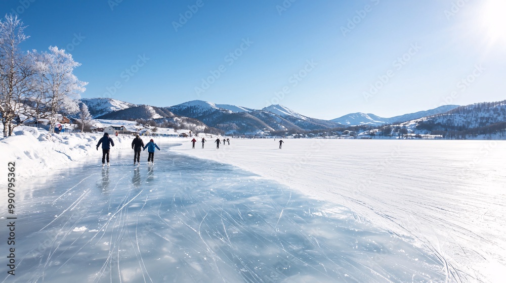Fototapeta premium Winter Wonderland on a Frozen Lake - Skaters Embrace the Serenity of Nature Under a Clear Blue Sky with Snow-Covered Banks and Majestic Distant Mountains