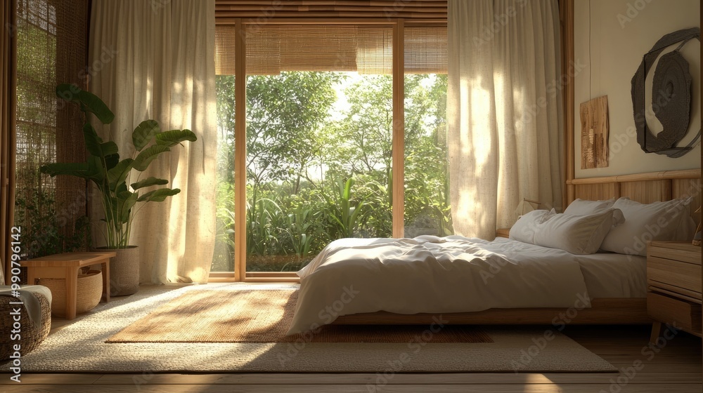 An eco-conscious bedroom with bamboo furniture, natural wool rugs, and soft organic cotton curtains framing a large window An eco-conscious bedroom with bamboo furniture, natural wool rugs, and soft organic cotton curtains framing a large window