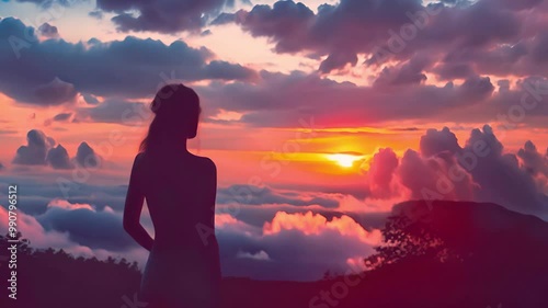 夕暮れの女性のシルエット