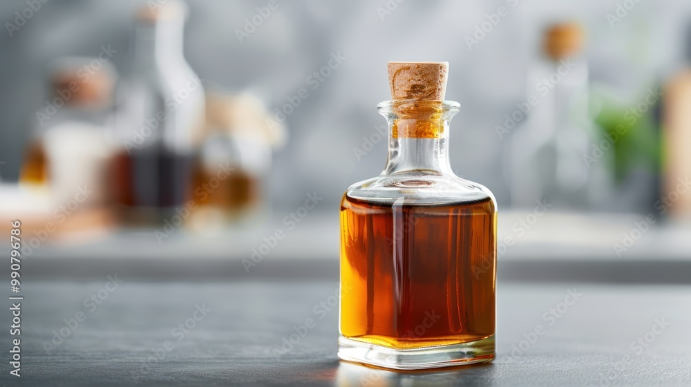 Closeup of a vanilla extract bottle in a kitchen. Closeup of a vanilla extract bottle in a kitchen.