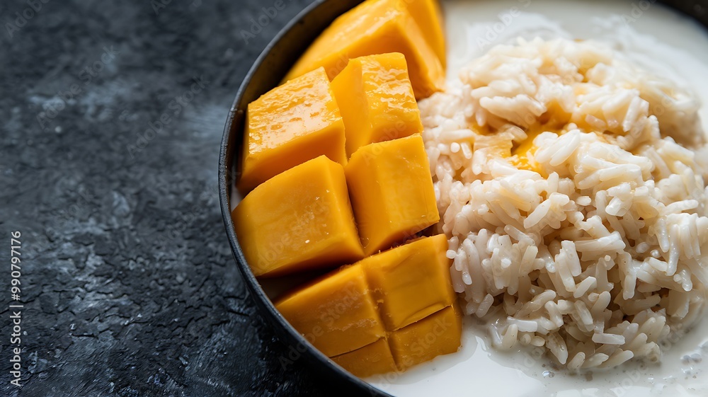 Close-up of mango sticky rice in a bowl with coconut milk. Close-up of mango sticky rice in a bowl with coconut milk.