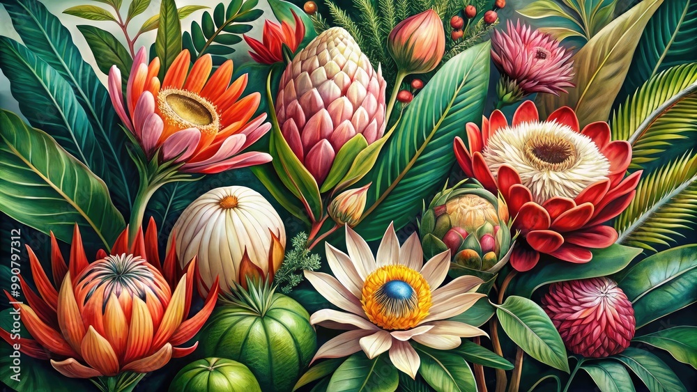Fototapeta premium Charming vintage botanical illustrations showcasing a variety of flora and intricate natural elements, celebrating the beauty and diversity of the plant kingdom in exquisite detail.