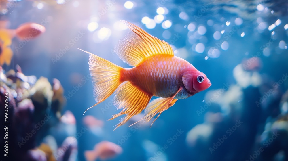 A colorful fish swims in a tank with other fish A colorful fish swims in a tank with other fish