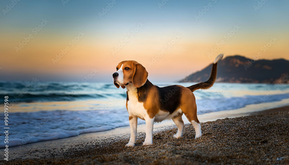 beagle enjoying a sunny day at the beach
