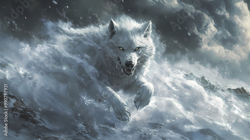 Fierce and powerful wolf charging forward through a swirling blizzard in a desolate icy tundra landscape the wolf s intense eyes and snarling expression convey its primal. Icy Tundra. Illustration