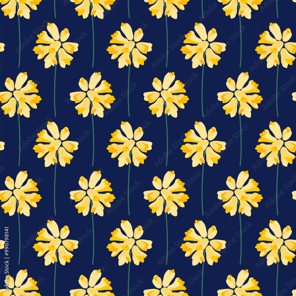 Inflorescence of yellow flowers, seamless pattern. Floral branch on a dark blue background. Meadow botanical print, wildflowers. Vector illustration Inflorescence of yellow flowers, seamless pattern. Floral branch on a dark blue background. Meadow botanical print, wildflowers. Vector illustration