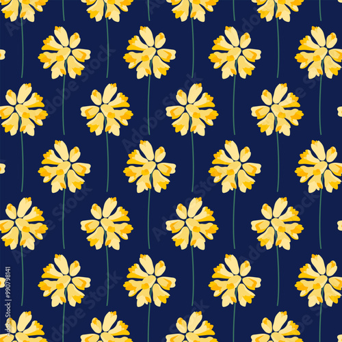 Inflorescence of yellow flowers, seamless pattern. Floral branch on a dark blue background. Meadow botanical print, wildflowers. Vector illustration