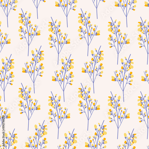 Seamless pattern of branches with many small flowers. Floral twigs on a beige background. Meadow botanical print, wildflowers. Vector illustration