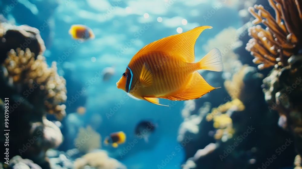 Fototapeta premium A colorful fish swims in a tank with other fish