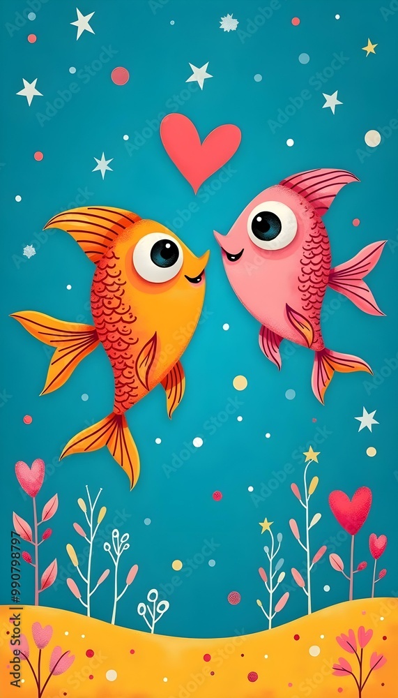 Fototapeta premium Two playful fish express their affection surrounded by flowers and stars under the ocean