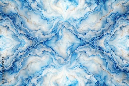 Unique marble background with blue and white swirling veins and waves