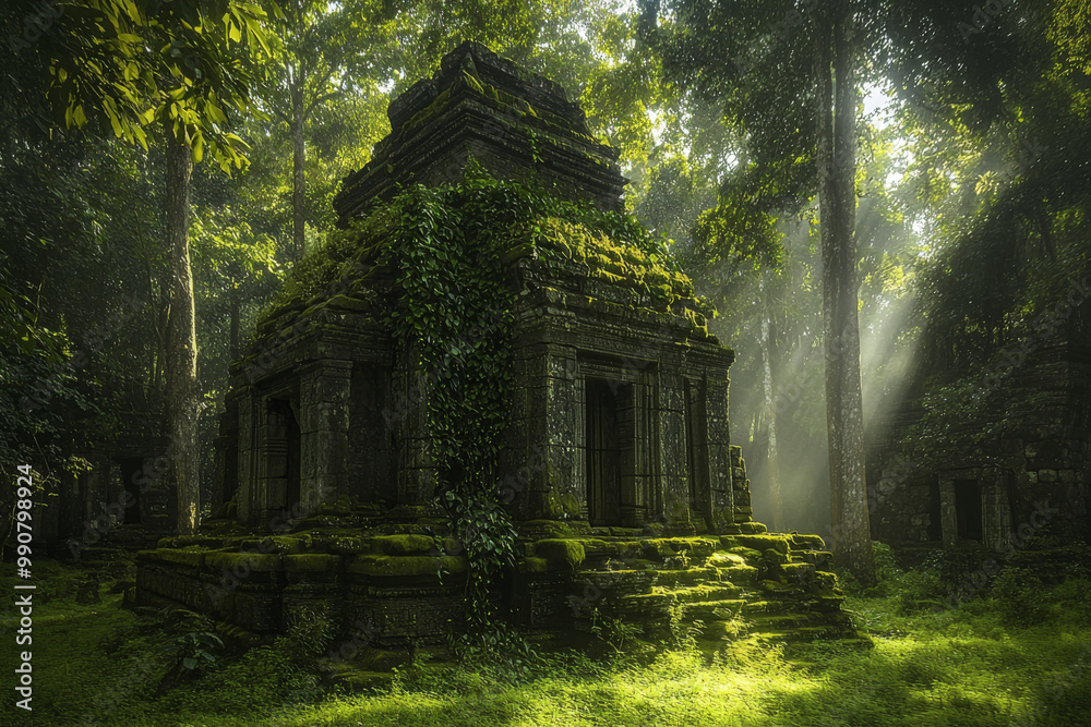 A moss-covered temple surrounded by lush greenery and beams of sunlight filtering through the trees. A moss-covered temple surrounded by lush greenery and beams of sunlight filtering through the trees.