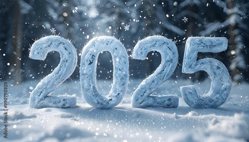 Frozen 2025 year text, icy style on snowy ground, New Year celebration, winter theme Frozen 2025 year text, icy style on snowy ground, New Year celebration, winter theme