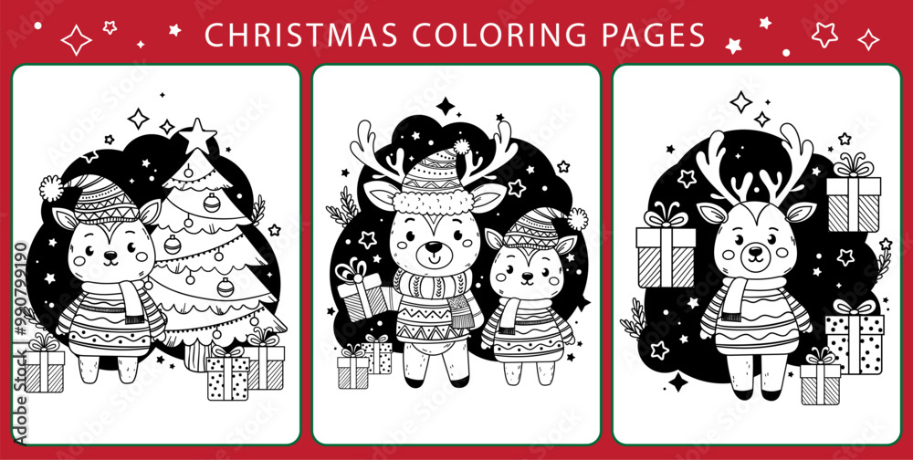 Fototapeta premium Set of outline coloring pages. Cartoon smiling cute reindeer Rudolph, teddy bear, hare, Christmas tree, gingerbread winter house. Colorful vector illustration, winter coloring book for children.