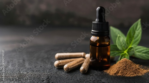 Obraz na płótnie Closeup of ashwagandha extract in a dropper bottle. w salonie