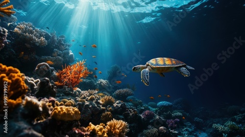 An underwater scene featuring a sea turtle swimming gracefully over a colorful coral reef with sunlight streaming down, showcasing marine life and underwater beauty.