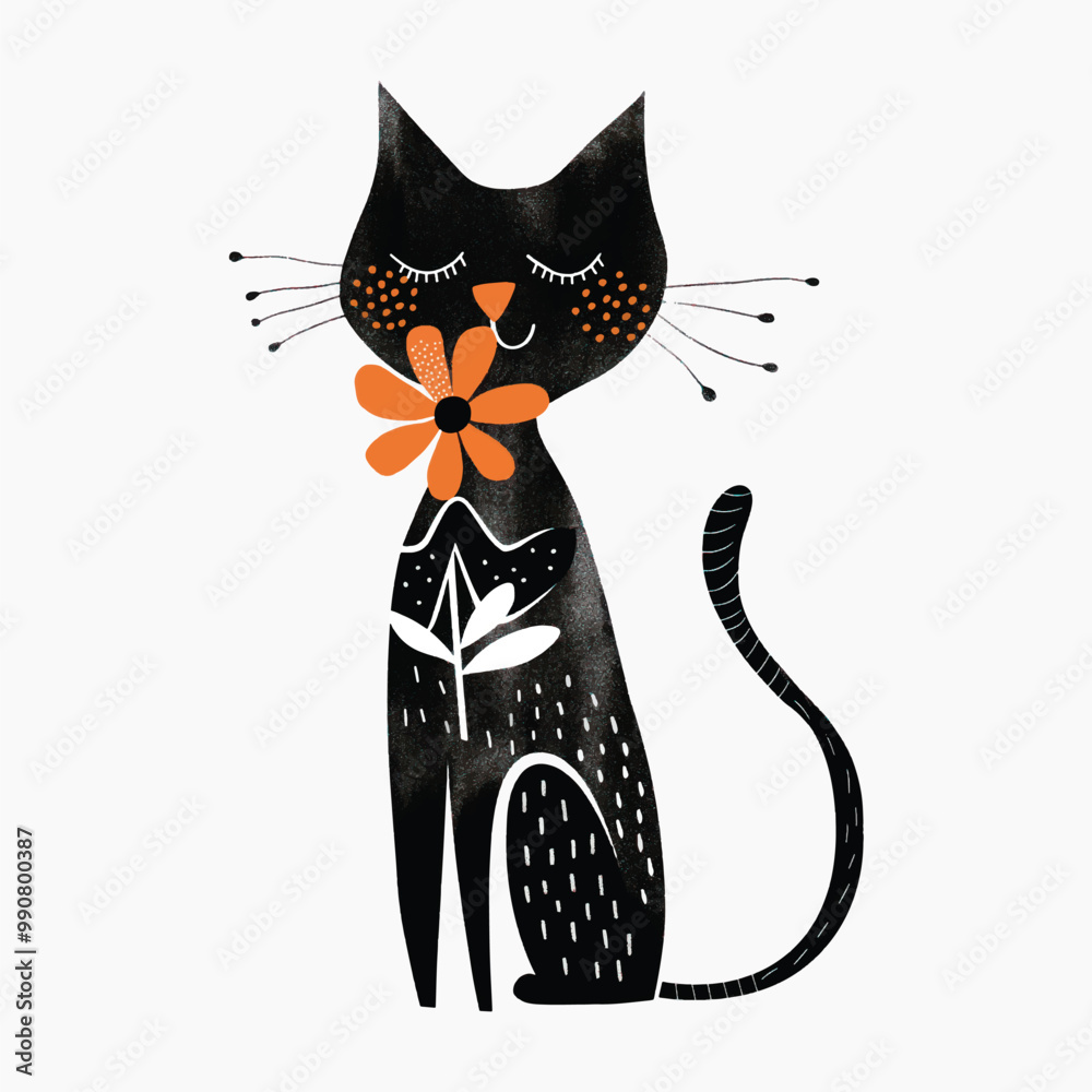 Fototapeta Whimsical cat holding flower