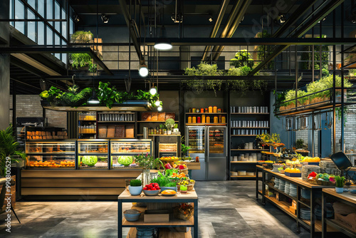 Advertising the concept of a food hall, interior in dark colors, trendy atmosphere, space and different options