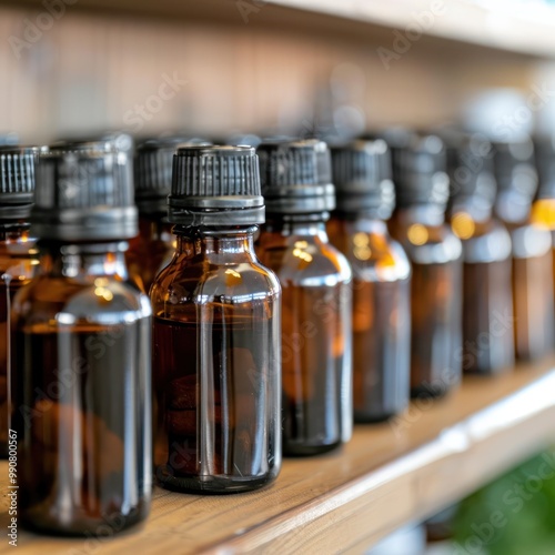 Medicinal extracts on a shelf in a natural health store.