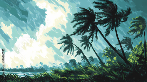 Gale-force winds bending palm trees during a tropical storm, extreme weather, powerful wind. Tropical Storm. Illustration