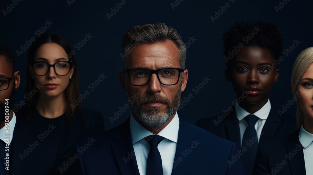 A group of professionals, dressed in formal business attire, pose together against a dark background, showcasing unity, professionalism, and corporate culture in a modern office setting. A group of professionals, dressed in formal business attire, pose together against a dark background, showcasing unity, professionalism, and corporate culture in a modern office setting.