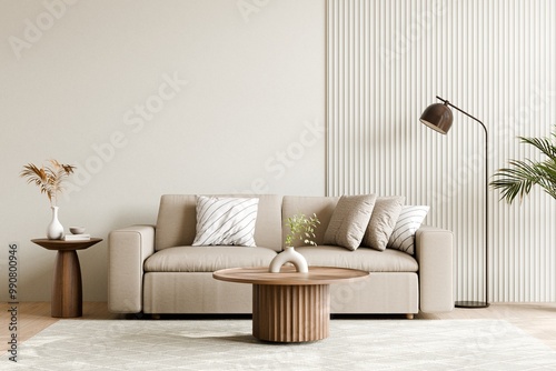 Modern minimalist living room with earthy decor elements, 3d render.