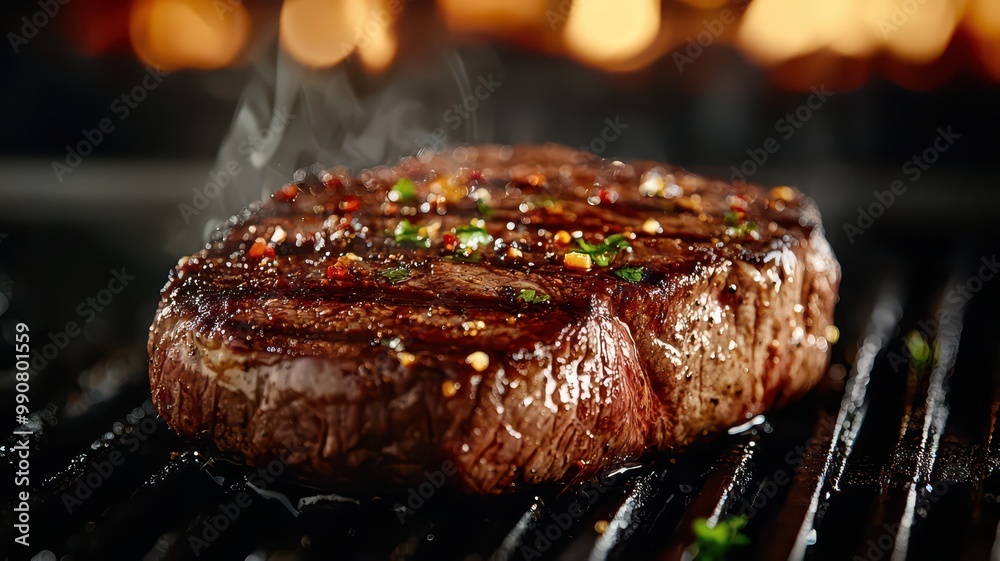A perfectly grilled steak with a seared crust, garnished with herbs, steaming over a charcoal grill, highlighting its succulent texture. A perfectly grilled steak with a seared crust, garnished with herbs, steaming over a charcoal grill, highlighting its succulent texture.