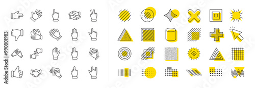 Handshake, Clapping hands, Victory. Design shape elements. Hand gestures line icons. Horns, Thumb up finger, drag and drop icons. Donation hand gestures, middle finger, palm. Vector