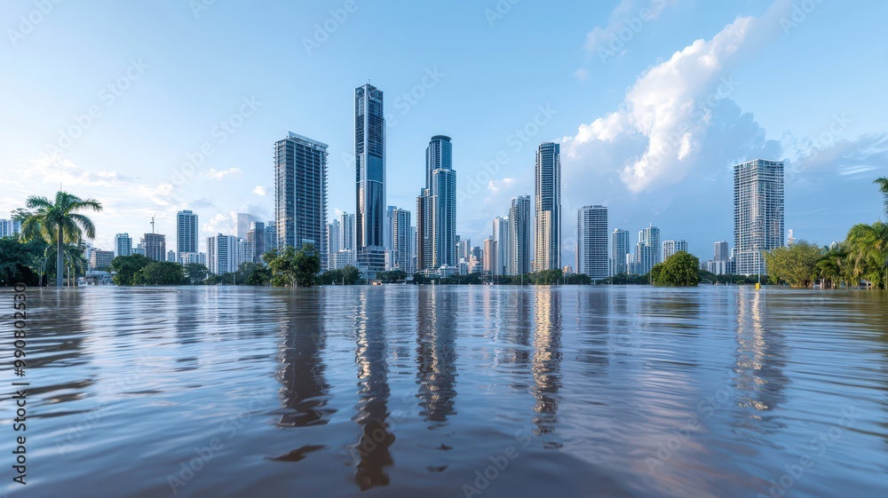 A modern city skyline partially submerged in water, reflecting the buildings under a clear blue sky with scattered clouds. A modern city skyline partially submerged in water, reflecting the buildings under a clear blue sky with scattered clouds.
