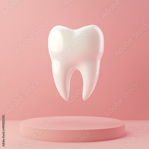 3D render of a single healthy white tooth floating on a pastel pink background, dental care concept.