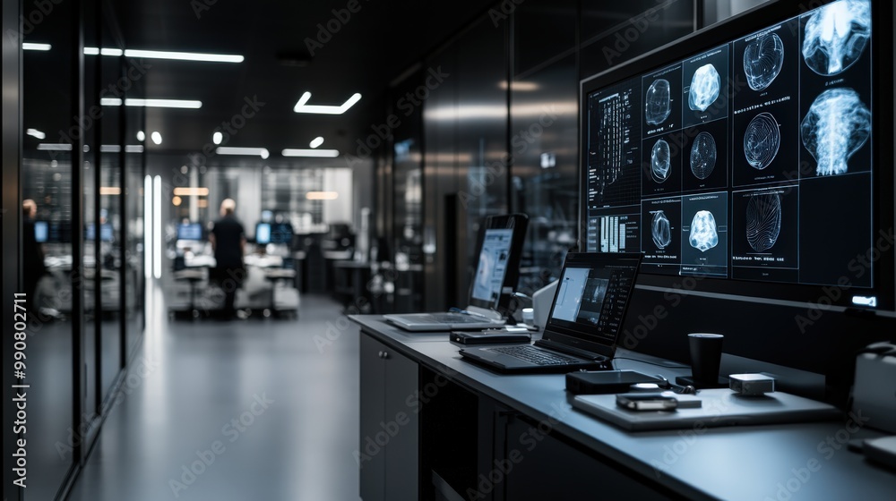 A high-tech medical facility displays MRI scan results on screens, with modern equipment and workstations visible in the background under bright lighting. A high-tech medical facility displays MRI scan results on screens, with modern equipment and workstations visible in the background under bright lighting.