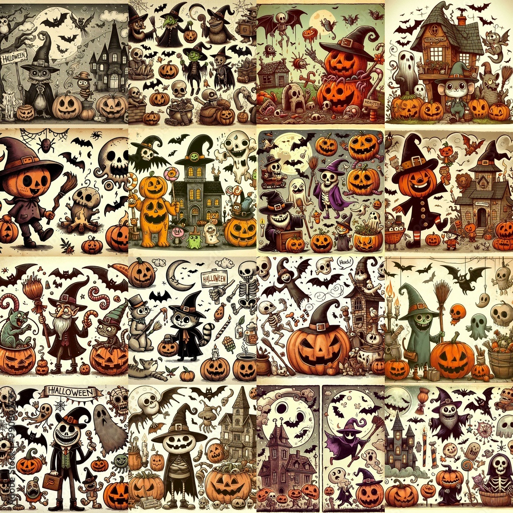 Fototapeta premium Halloween cartoon vintage illustration. AI generated illustration