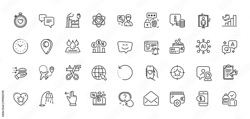 Factory, Wallet and Internet line icons pack. AI, Question and Answer, Map pin icons. Waterproof, Time management, Dots message web icon. Card, Star target, Travel loan pictogram. Vector Factory, Wallet and Internet line icons pack. AI, Question and Answer, Map pin icons. Waterproof, Time management, Dots message web icon. Card, Star target, Travel loan pictogram. Vector