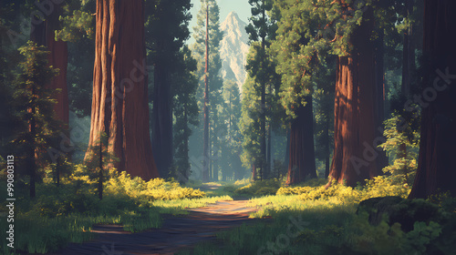 Giant sequoia forest - the largest trees on earth in sequoia national park, california, usa. beautiful simple ai generated image in unique. Giant Redwood Trees. Illustration