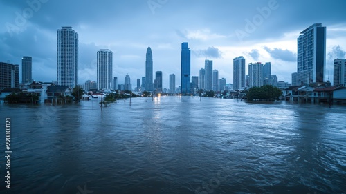A skyline view shows flooded buildings under a cloudy sky, highlighting the impact of rising water levels in an urban environment.
