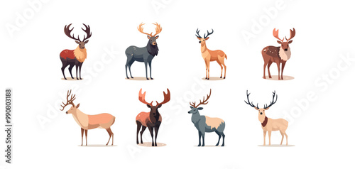 Cervid, reindeer or deer set flat cartoon isolated on white background. Vector isolated illustration