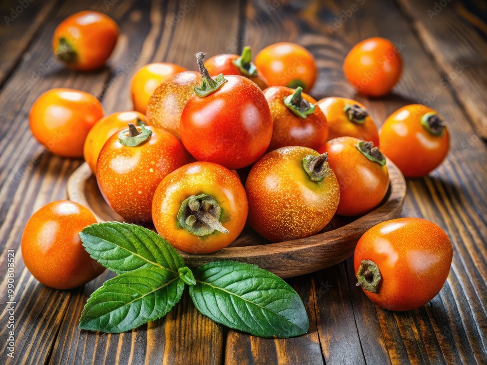 Fresh tejocote fruit rests on a wooden surface, highlighting its vivid hues and unique texture, inviting admiration for both its appearance and natural beauty. Fresh tejocote fruit rests on a wooden surface, highlighting its vivid hues and unique texture, inviting admiration for both its appearance and natural beauty.