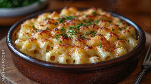 A close-up shot of a delicious macaroni bake served in a rustic dish