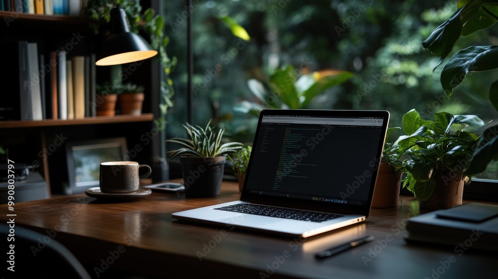 Home office setup featuring a laptop with code on its screen, surrounded by lush greenery, books, and a cup of coffee, suggesting a blend of work and nature for productivity. Home office setup featuring a laptop with code on its screen, surrounded by lush greenery, books, and a cup of coffee, suggesting a blend of work and nature for productivity.